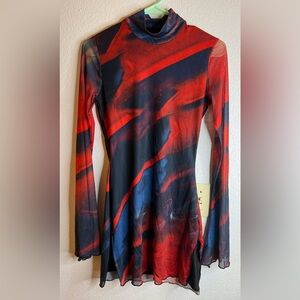 Edikted Sparks Fly Mock Neck Long Sleeve Mesh Midi Dress